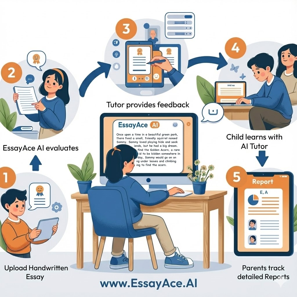 How EssayAce.AI works: upload an essay, receive instant AI feedback, and track improvement over time